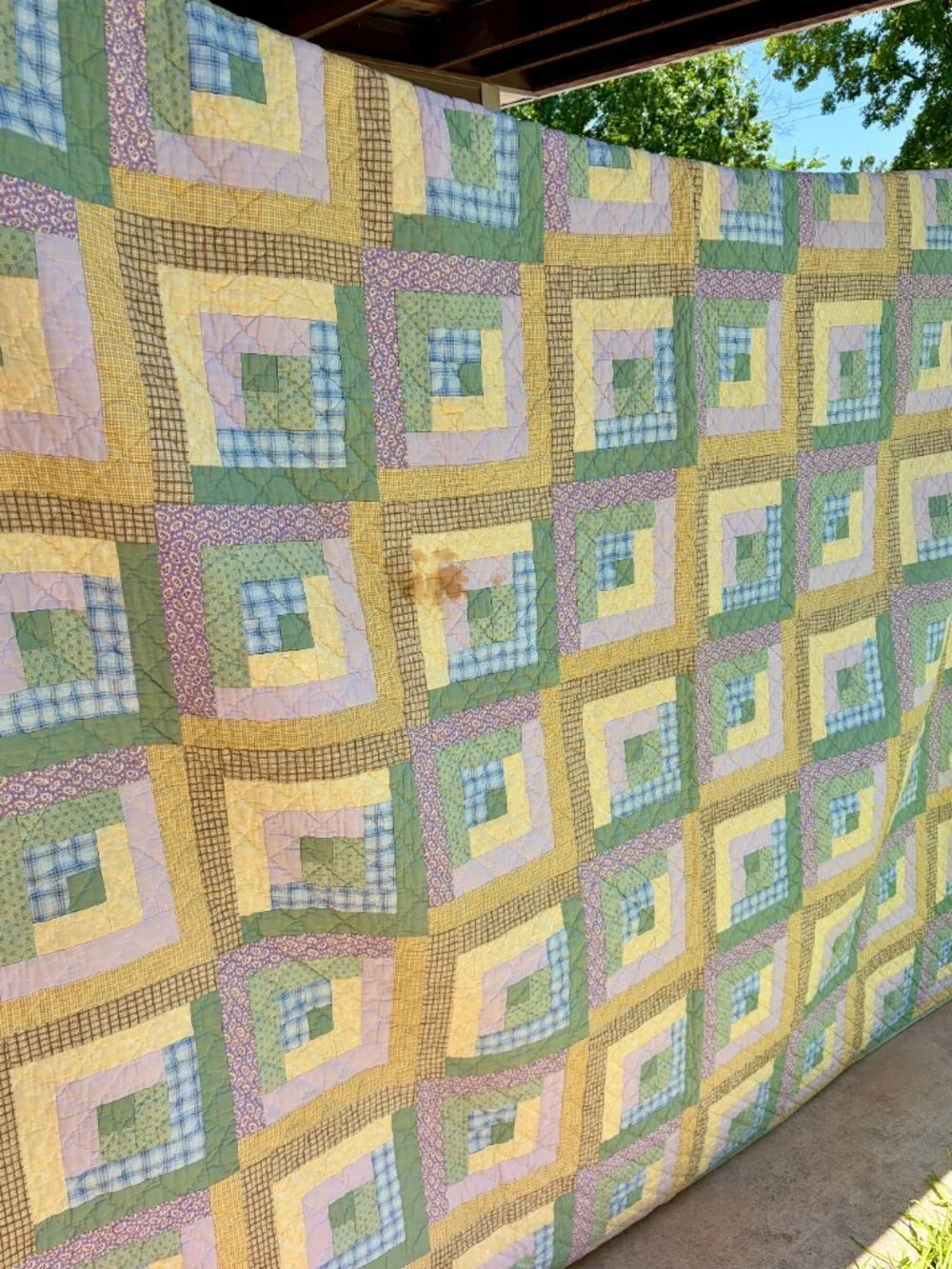 Vintage Log Cabin Quilt | Large Handmade Pastel Patchwork Quilt | 84